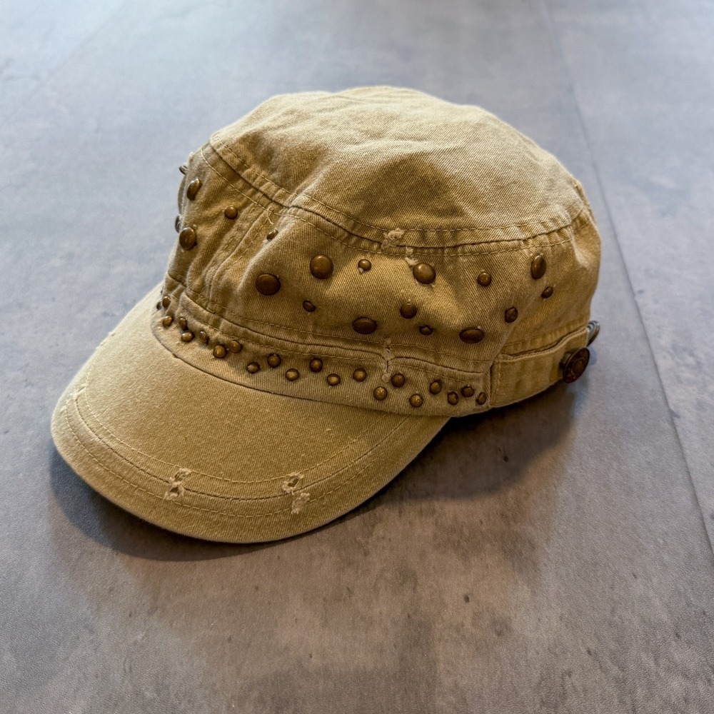 Vintage VTG Y2K 2000's 00's Studded Distressed Tan Military Cadet Hat